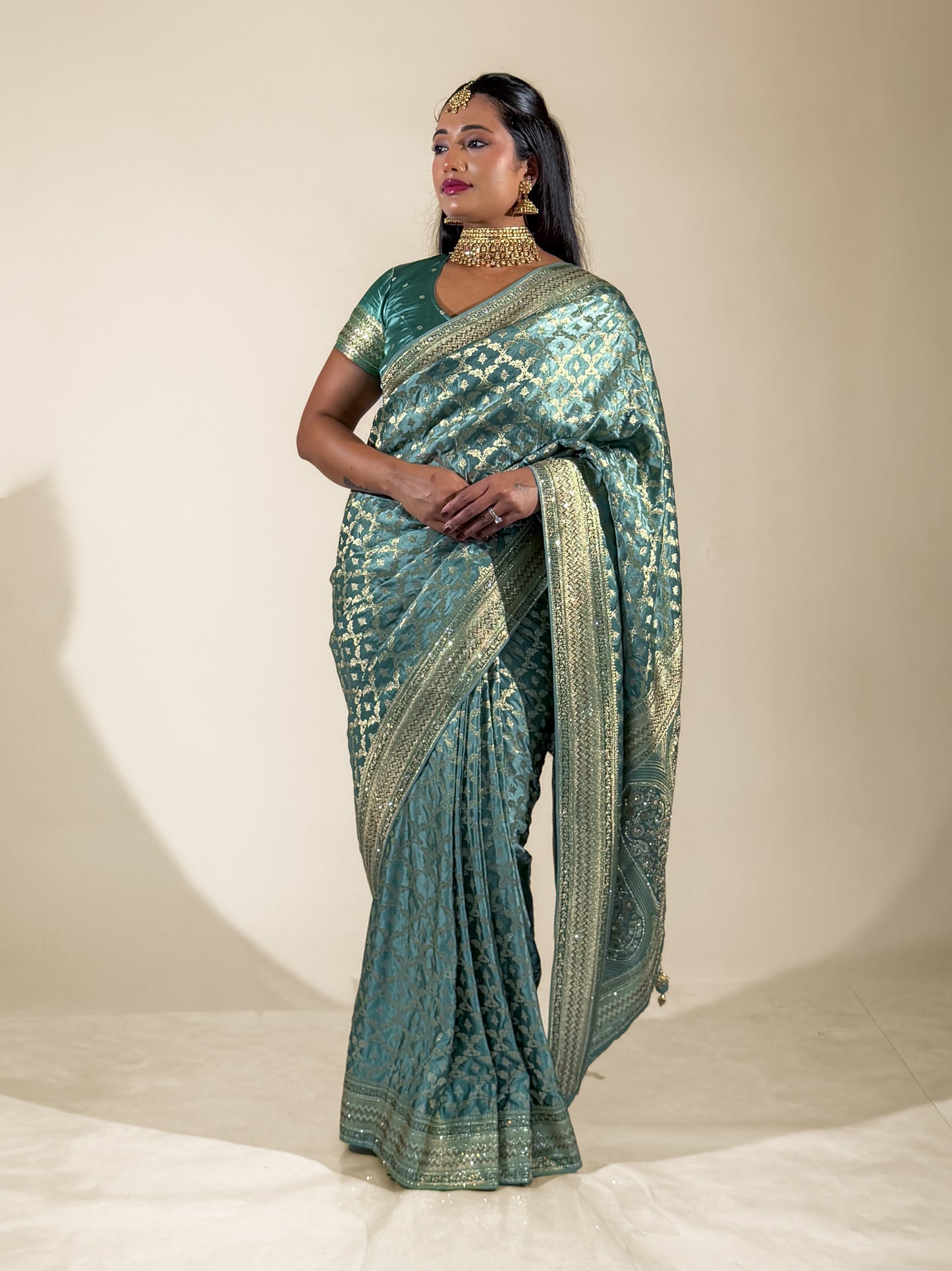 Teal Satin Saree