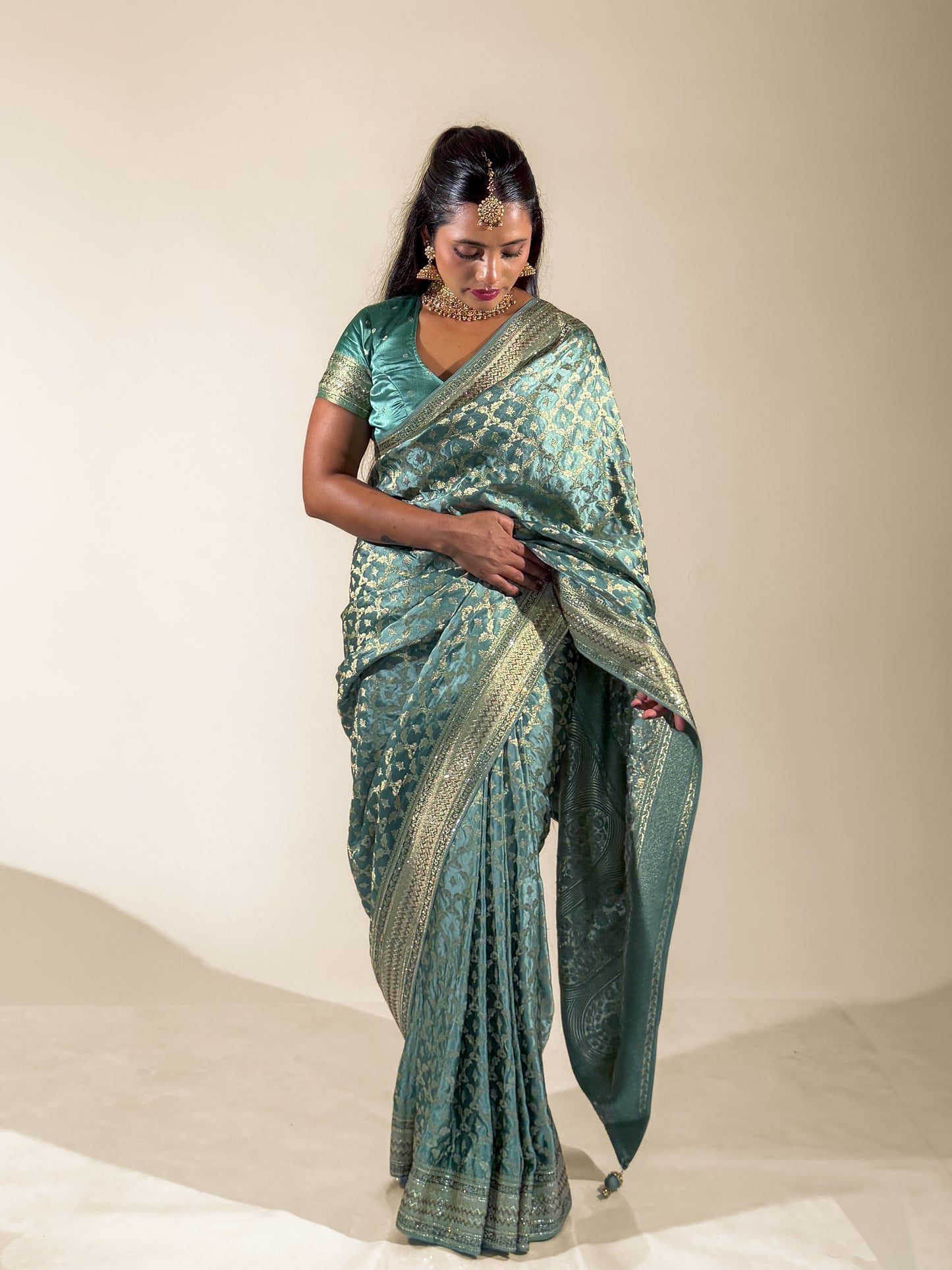 Teal Satin Saree