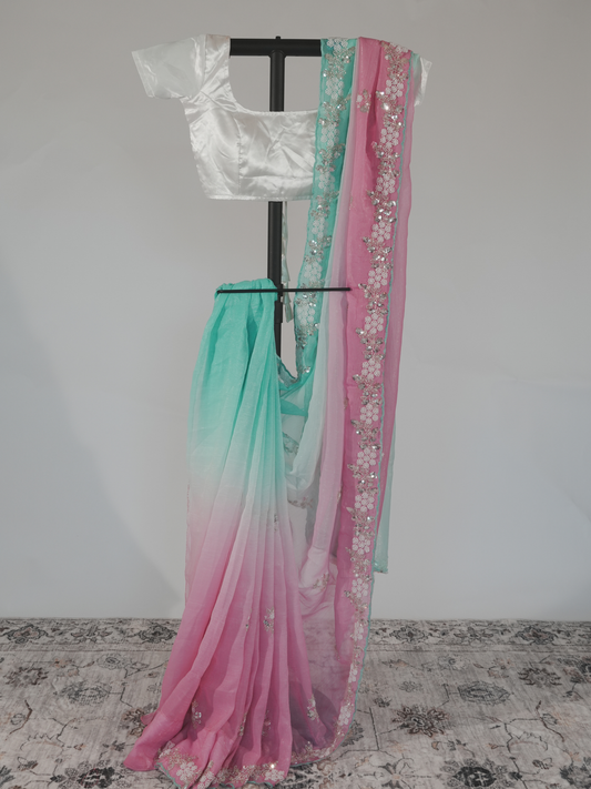 Aarohi Boutique Aqua Pink Chiffon Saree