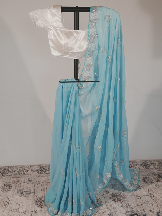 Aarohi Boutique Sky Blue Chiffon Saree