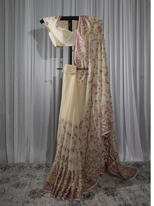 Ivory Floral Embroidered Georgette Saree
