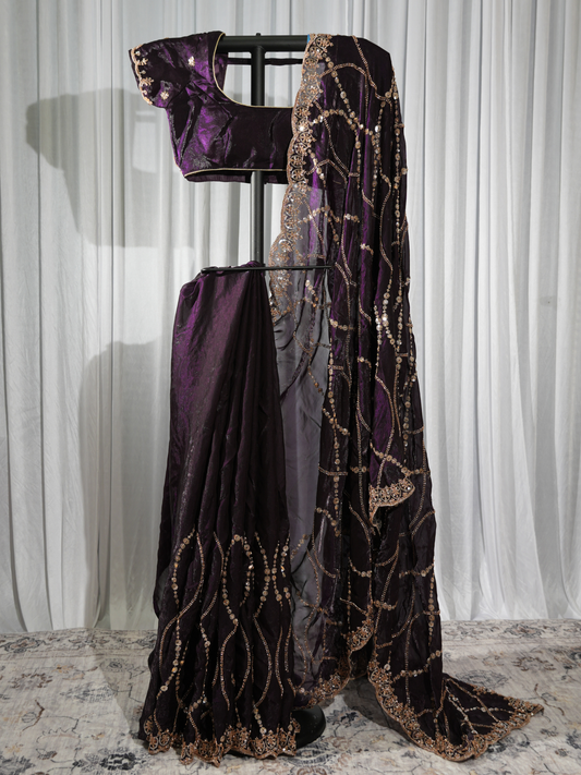 Deep Plum Embellished Fendy Saree