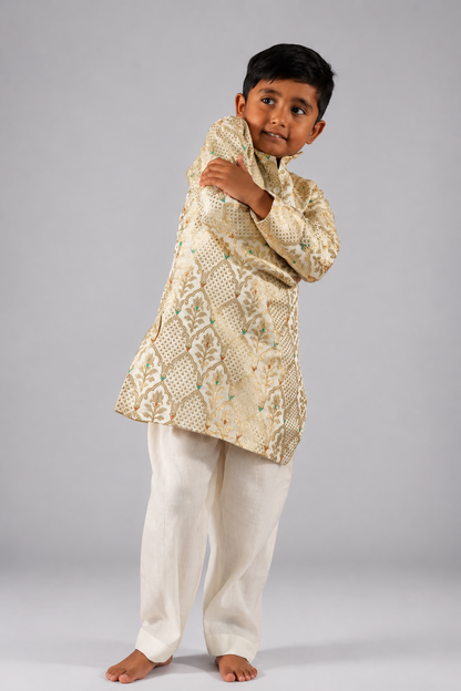 Cream Kathan Silk Kurta Set