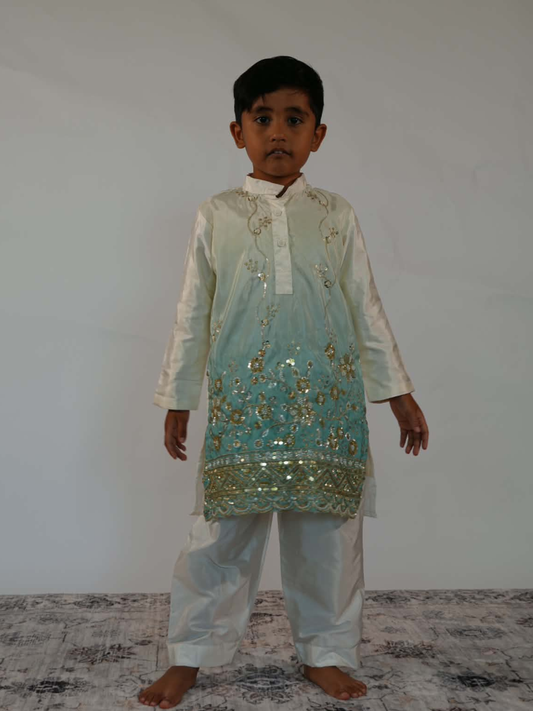 White & Aqua Crepe Silk Kurta Set