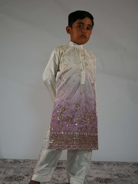 White & Lilac Crepe Silk Kurta Set
