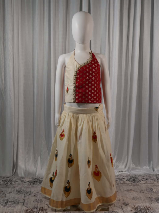 Cotton Kasavu Peacock Red & Navy Blue Embroidered Set