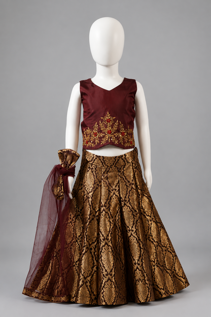 Maroon & Gold Brocade Lehenga Set