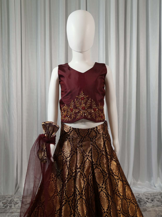 Maroon & Gold Brocade Lehenga Set