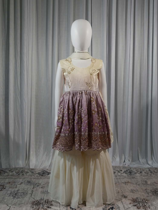 White & Lilac Crepe Silk Gharara Set