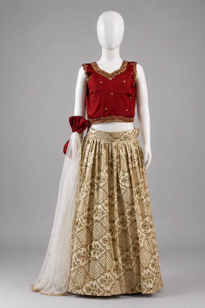 Maroon & Cream Kathan Silk Lehenga Set