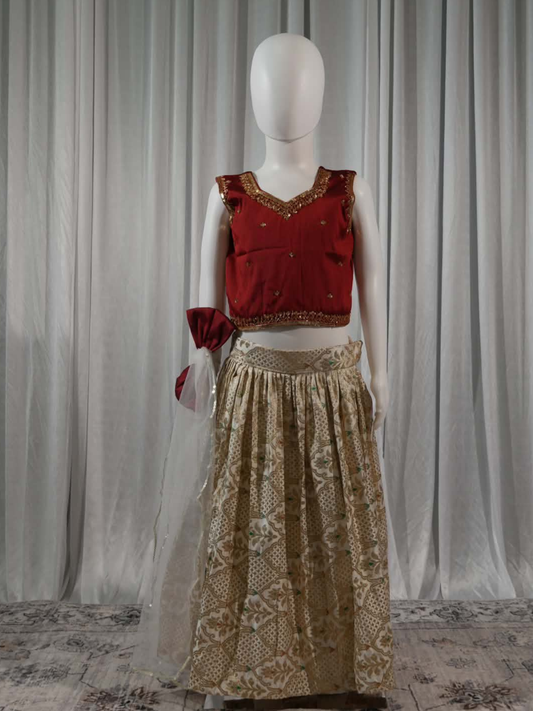 Maroon & Cream Kathan Silk Lehenga Set
