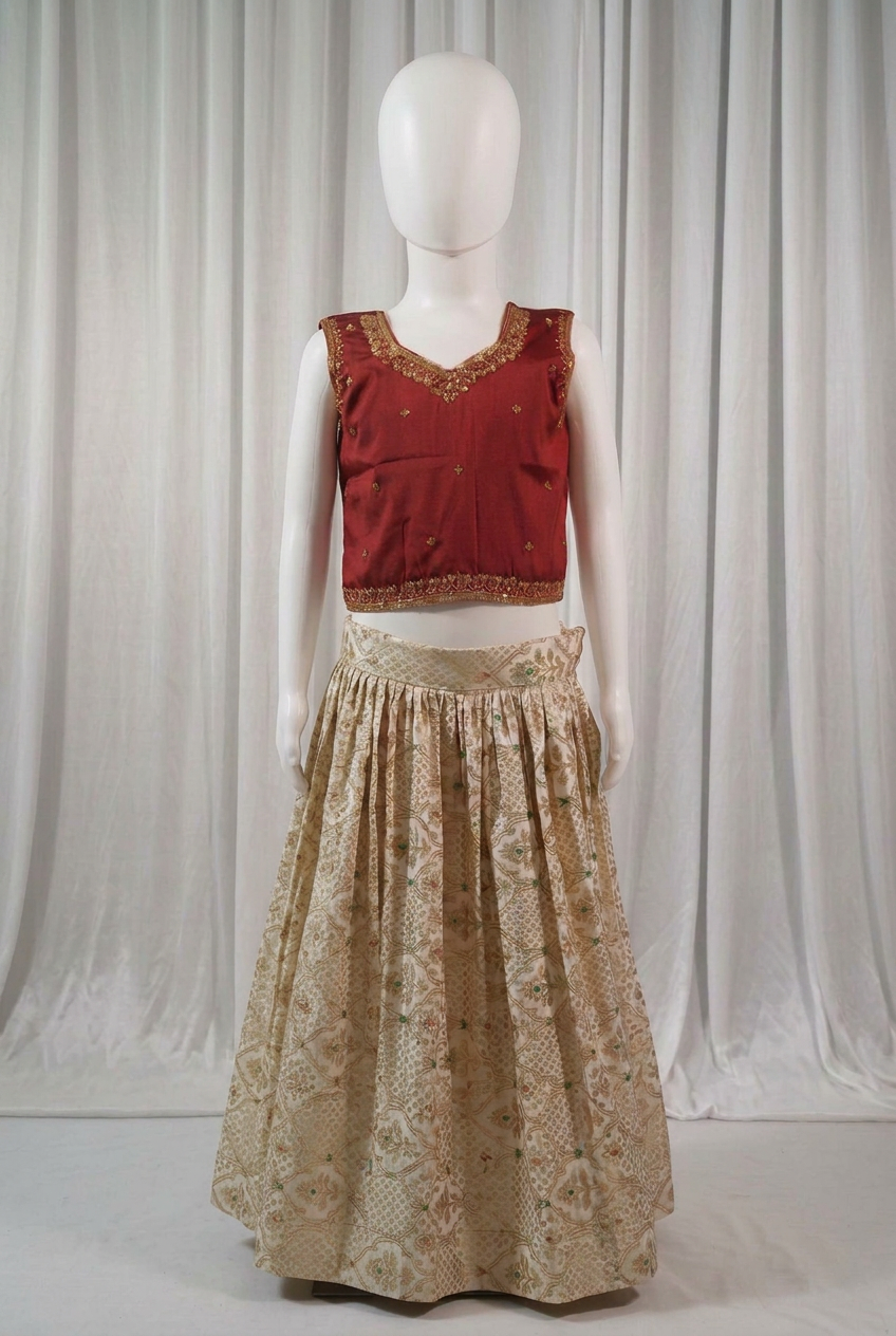 Maroon & Cream Kathan Silk Lehenga Set