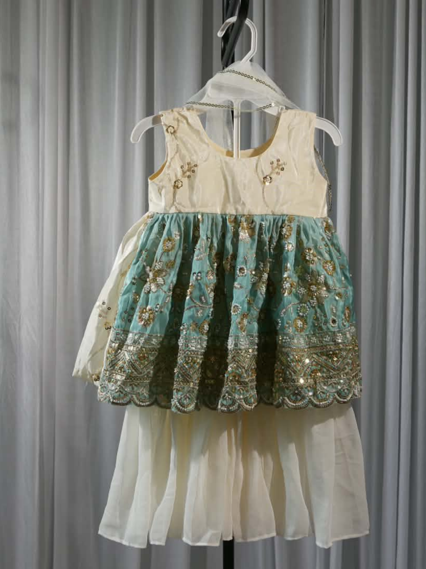 White & Aqua Crepe Silk Gharara Set