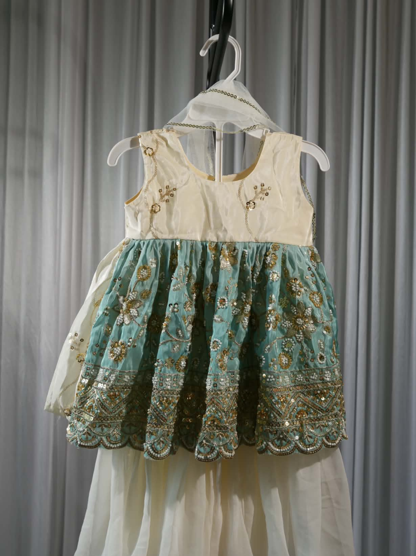White & Aqua Crepe Silk Gharara Set